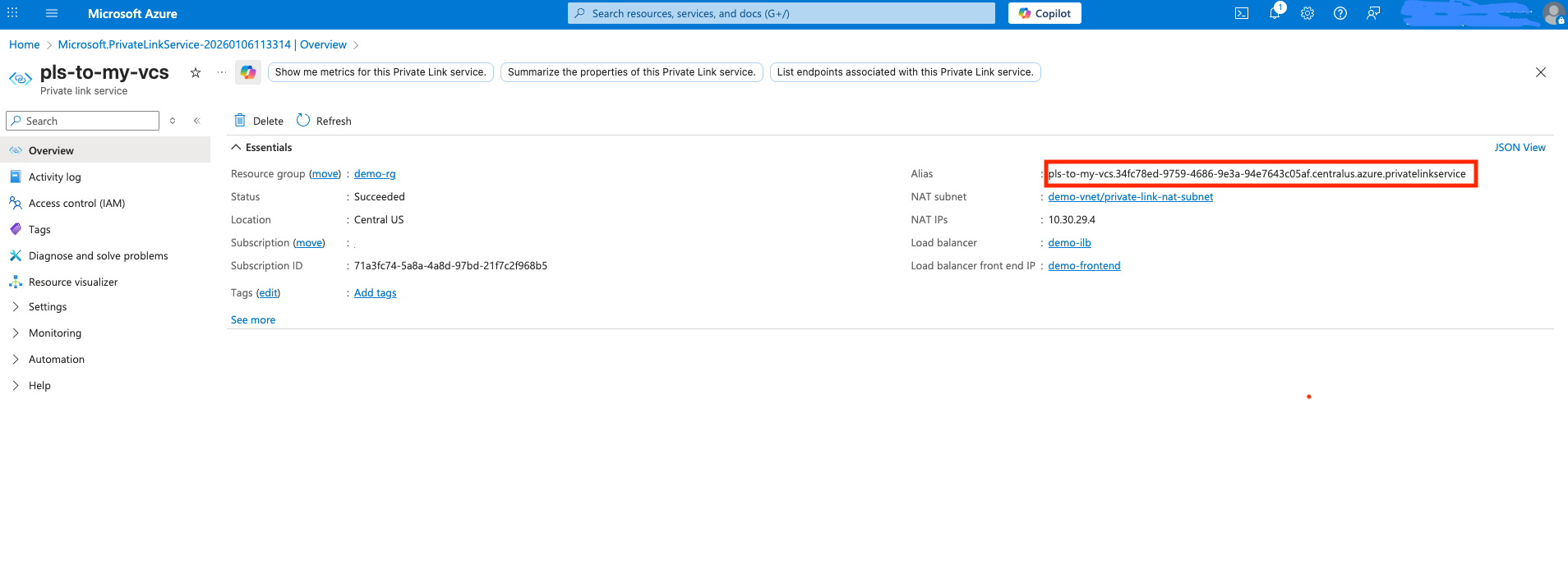 Screenshot of step 10: Copy the Private Link Service Alias Screenshot of step 10: Copy the Private Link Service Alias