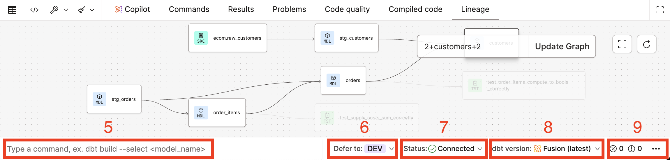 Use the Command bar to write dbt commands, toggle 'Defer', and view the current IDE status Use the Command bar to write dbt commands, toggle 'Defer', and view the current IDE status