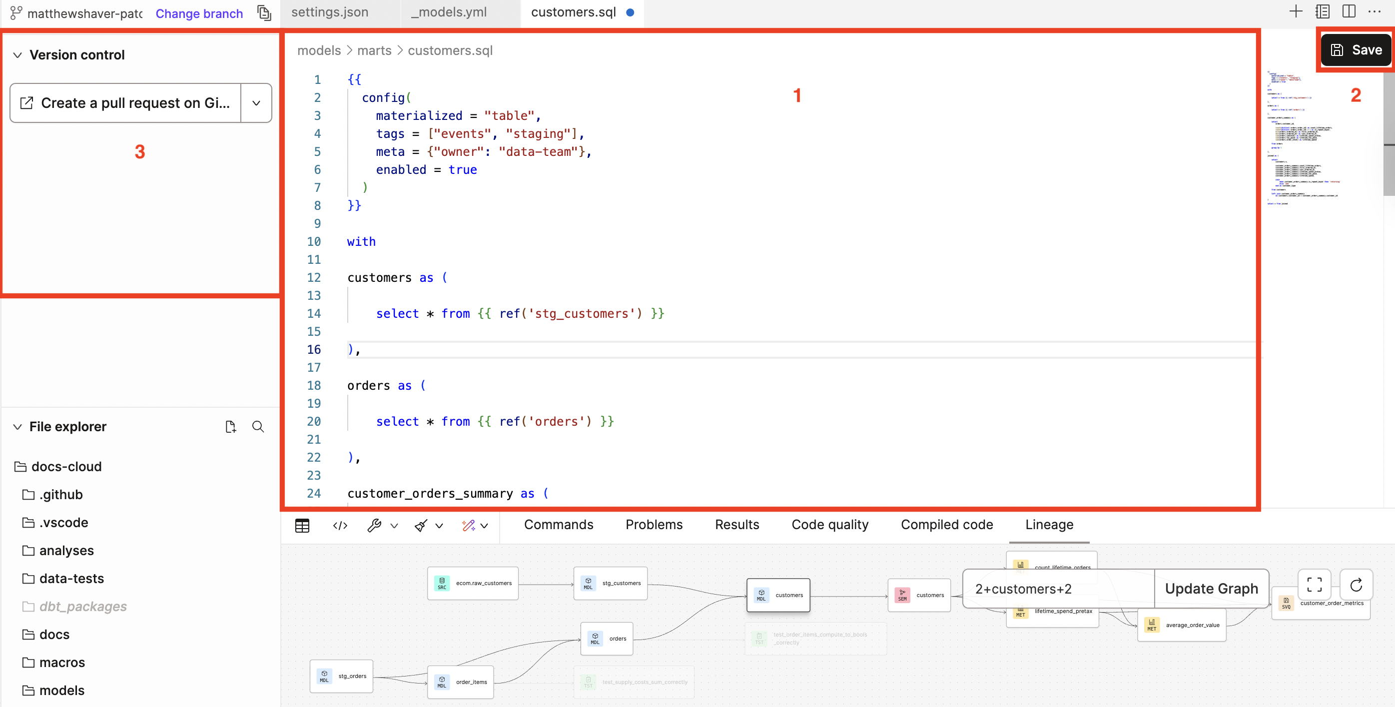 Use the file editor, version control section, and save button during your development workflow