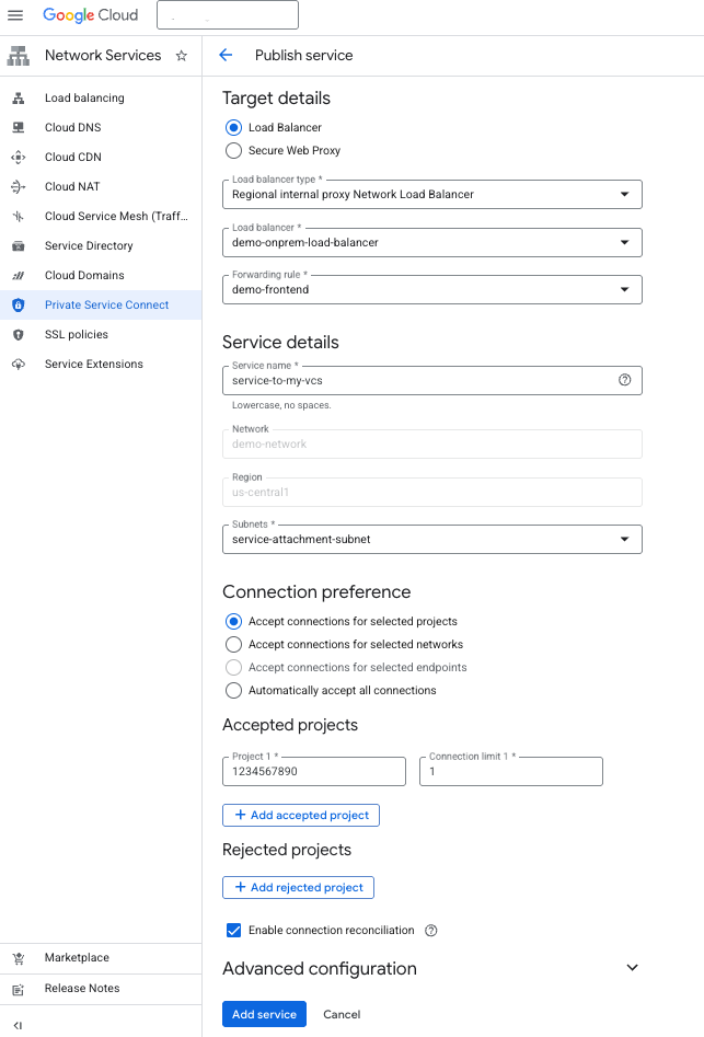 Screenshot of step 9: Creation of PSC Service Attachment