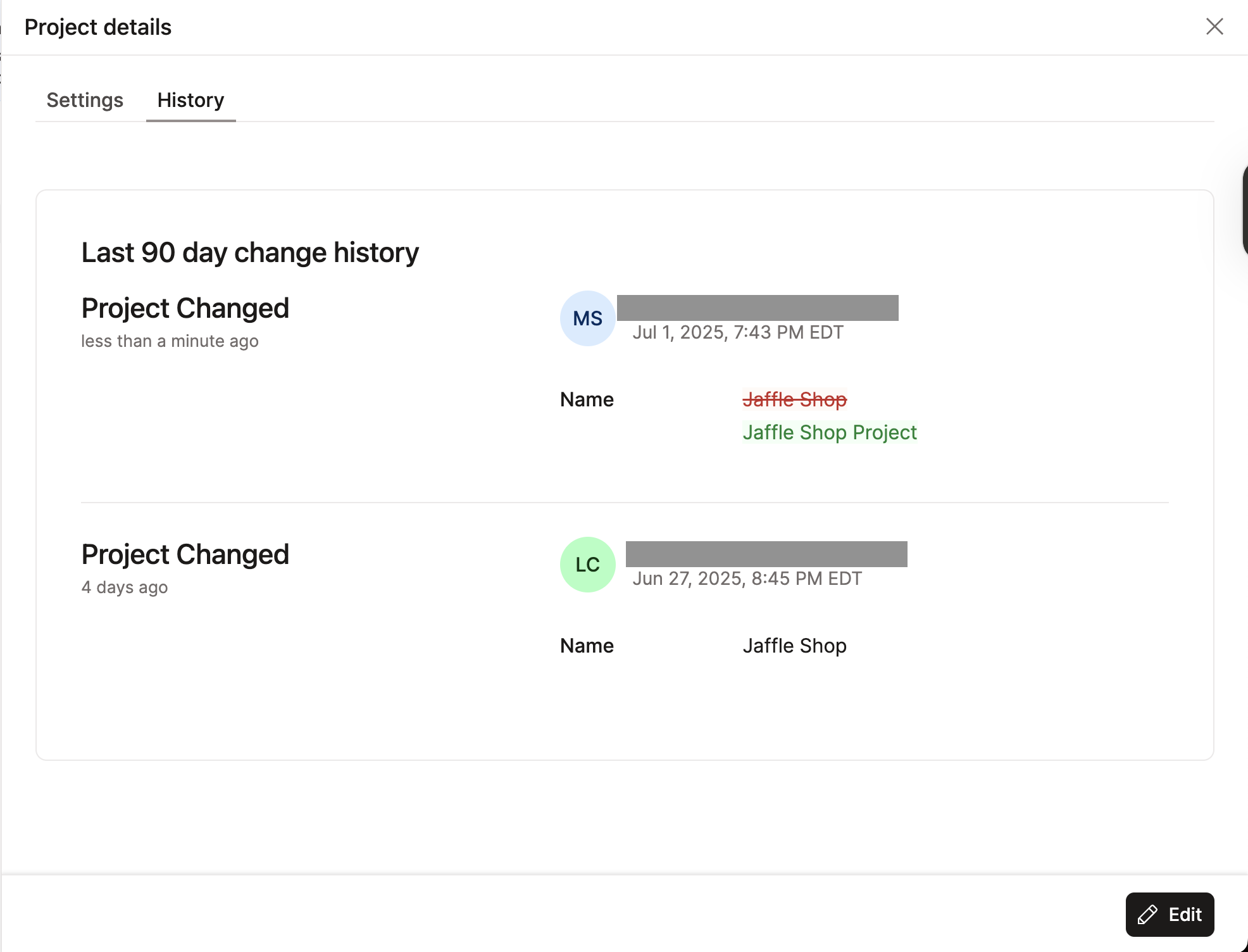 Example of the project history option. Example of the project history option.