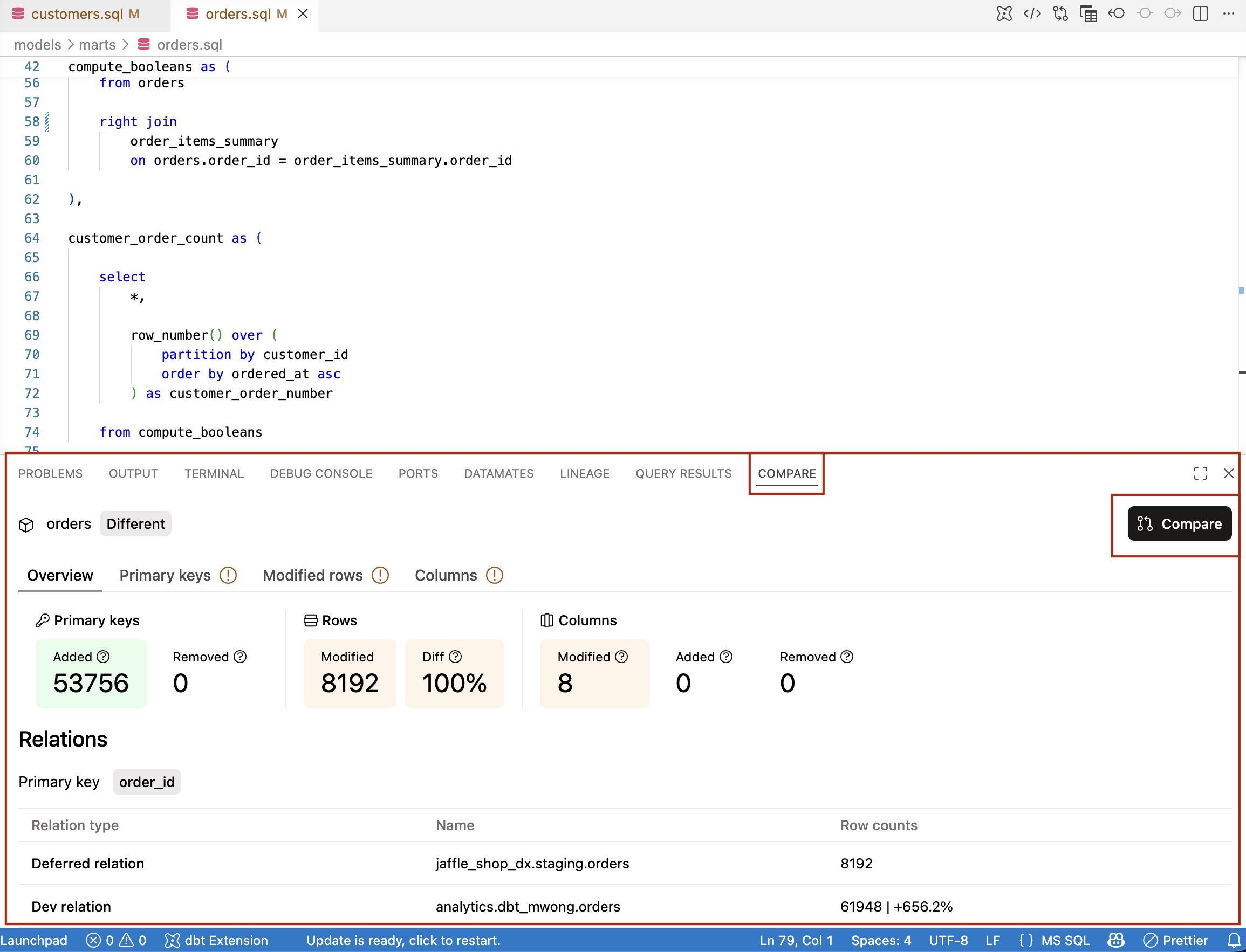 Example of the Compare tab
